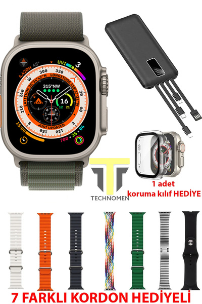 TECHNOMEN Akıllı Saat Y60 Ultra Plus 10000 mAh Powerbank Hediyeli 7 Kordon Kasa Koruma Hediyelii Smart Watch