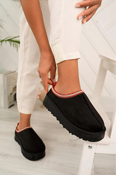 TOLİA Tazz Black Suede Ankle Boots with Feather Inside Flat Sole Women's Shoes