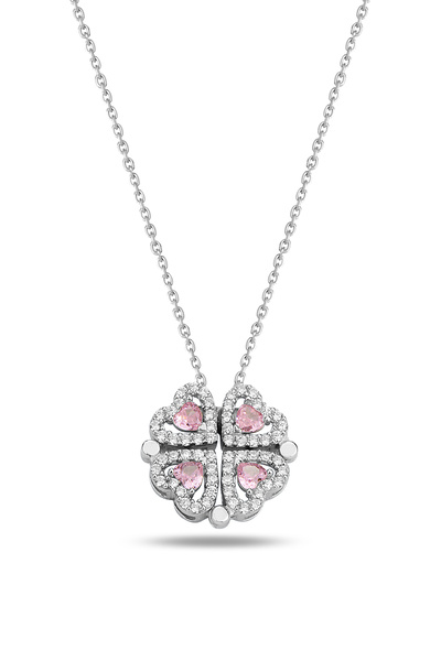 KAR DİAMOND 925 Ayar Gümüş Rodyum Kaplama Açılır Kapanır Yonca Kalp Aşk Kolye...