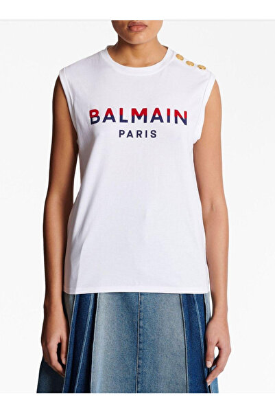 BrandsBoutique تيشيرت أبيض بطبعة Balmain Flog