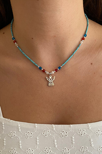 Suerte Accessories 925 Ayar Gümüş Melek Uç Ay Taşı, Mercan, Akik ve Afgan Taşı Doğal Taş El Yapımı Özel Tasarım Kolye