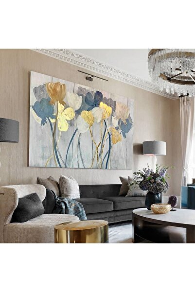 Şehzat Design Çiçek Tablosu Gri Tabanlı Gold/lacivert Çiçek