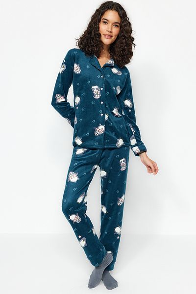Trendyol Collection Petrol-Pinguin-gemustertes Fleece-Winter-Strick-Pyjama-Set THMAW22PT0356