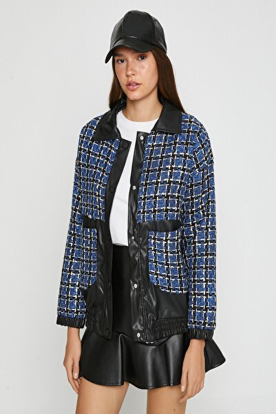 Koton Jachetă în carouri albastră pentru femei 3WAL20166IW