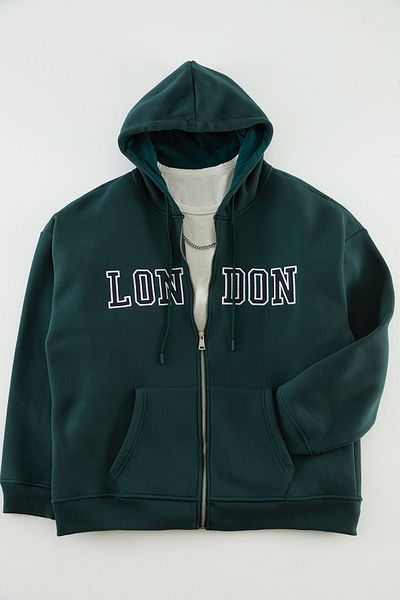 Trendyol Collection Green Embroidery Hooded Oversize Sweatshirt - Cotton, Zippered Cardigan Tmnaw24Sw00051