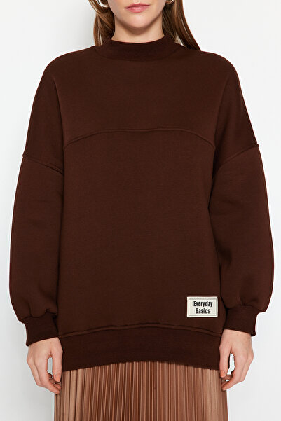 Trendyol Modest Πλεκτό φλις φούτερ σε μεγάλο μέγεθος καφέ - TCTAW24TW00022