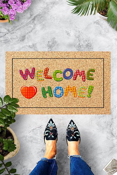on the clouds سجادة باب مزخرفة مطبوعة رقمية متعددة الألوان مطبوع عليها عبارة "Welcome Home