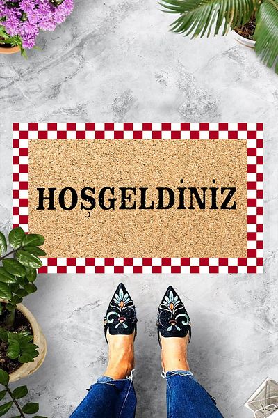 on the clouds Checkerboard Patterned Digital Printed Welcome Written Door Mat