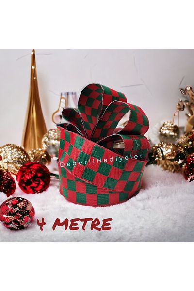 GÜLSEMALİ 4 METERS Red Checkerboard New Year Ribbon Box Decoration Ribbon Tree Decoration Ribbon 3cm