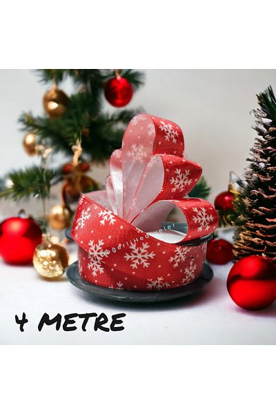 GÜLSEMALİ 4 METERS Red Satin Snowflake New Year Ribbon Box Decoration Ribbon Tree Decoration Ribbon 2cm