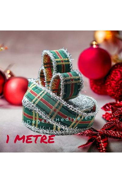 GÜLSEMALİ Κορδέλα Πρωτοχρονιάς 1 μέτρου Καρό Ασημί Glitter Στολίδι Κορδέλα Κουτί Κορδέλα συσκευασίας