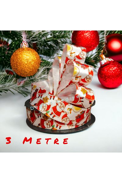 GÜLSEMALİ 3 METERS Satin Pattern Printed New Year Ribbon Box Decoration Ribbon Tree Decoration Ribbon 2.5cm