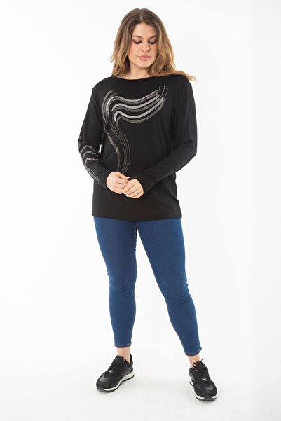 Şans Women's Plus Size Black Sleeve and Stone Detailed Blouse 65N37325