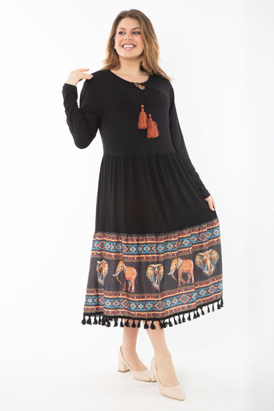 Şans Women's Plus Size Black Digital Print Detailed Kiss Collar Layered Dress 65N37336