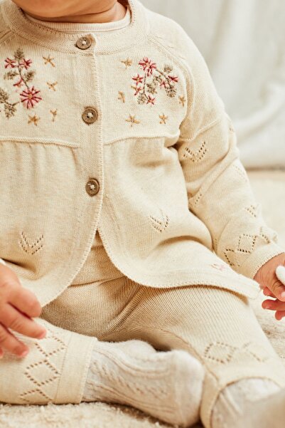Next Baby Cotton Cream Flower Detailed Knitted Cardigan Tights Top and Bottom Set