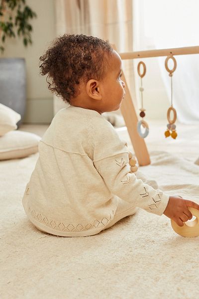 Next Baby Cotton Cream Flower Detailed Knitted Cardigan Tights Top and Bottom Set