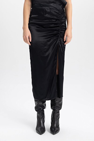 DeFacto A-Line Regular Waist Slit Satin Midi Skirt B7697ax23cw
