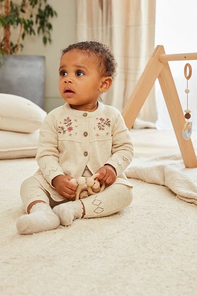 Next Baby Cotton Cream Flower Detailed Knitted Cardigan Tights Top and Bottom Set