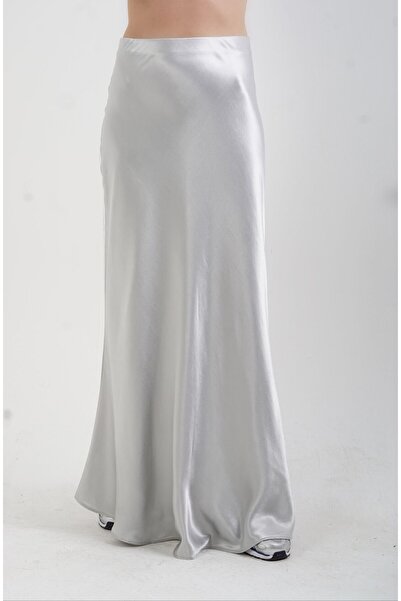 Zelish My Sister Fustă argintie cu lungime maxi din satin