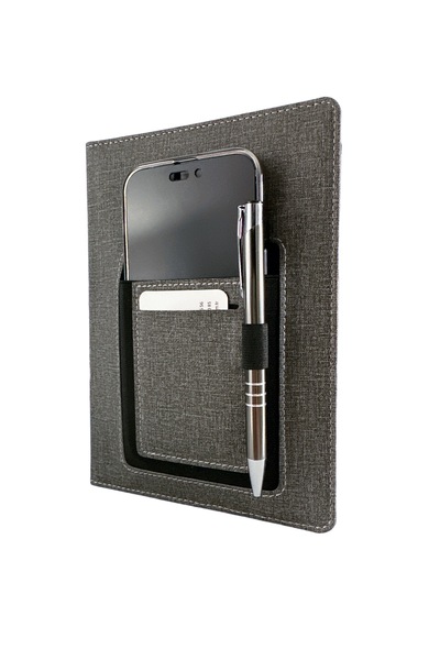 ORANLI PROMOSYON Thermo Leather Smoked Notebook with Phone and Card Pocket Striped Undated Notebook with Pen Gift