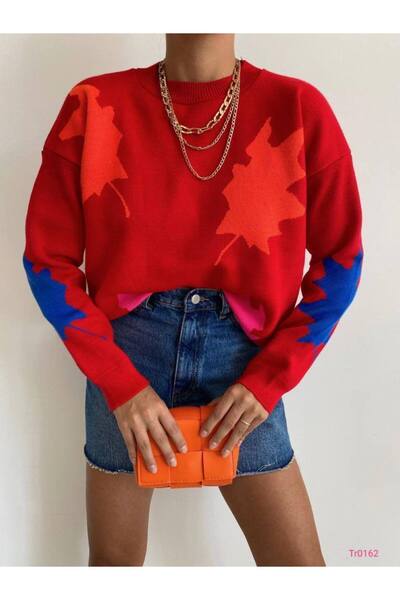 vuvutasarım سترة تريكو حمراء كبيرة الحجم للعام الجديد - نمط أوراق الشجر، رقبة...