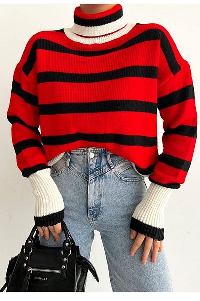 vuvutasarım Pulover oversize din tricotaje cu dungi de sezon nou cu gât înalt 0243