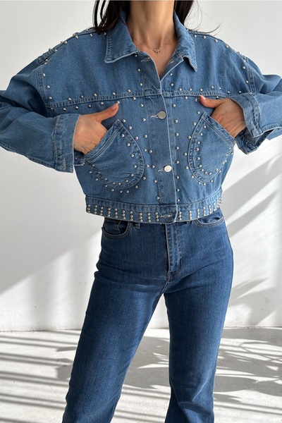 FEMELLE Džínová bunda Crop Jeans s kapsami s cvočky