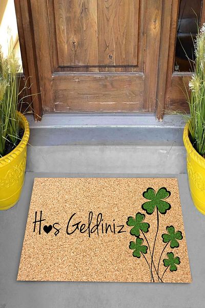 Pelangi Digital Printed Welcome Written Clover Flower Patterned Decorative Door Mat