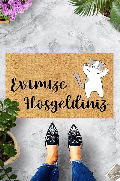 Pelangi Digital Printed Welcome to Our Home Written Cat Pattern Decorative Door Mat