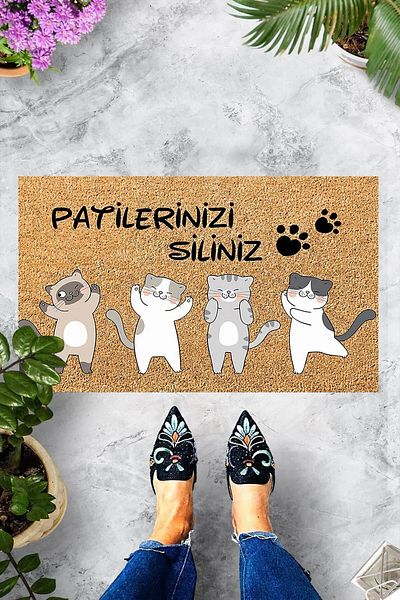Pelangi Digital Printed Cat Patterned Decorative Door Mat with Wipe Your Paws