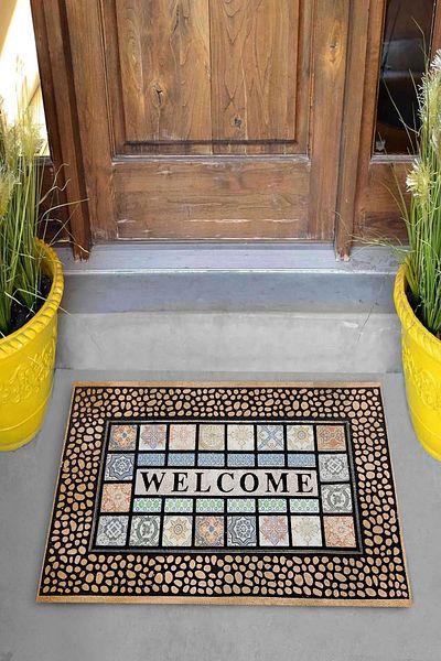 Pelangi Digital Printed Welcome Written Stone Pattern Decorative Door Mat