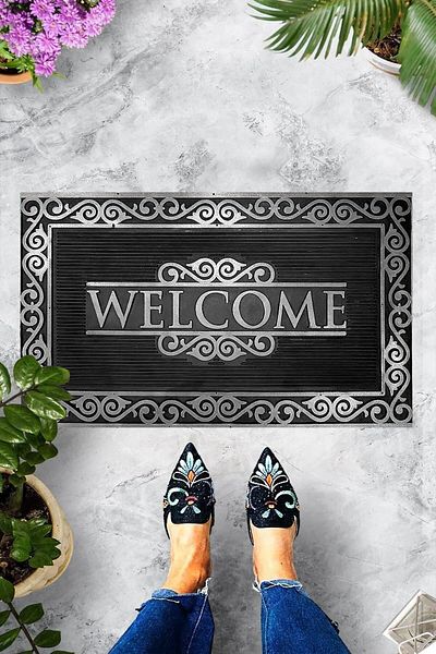 Pelangi Digital Printed Silver Welcome Written Decorative Door Mat