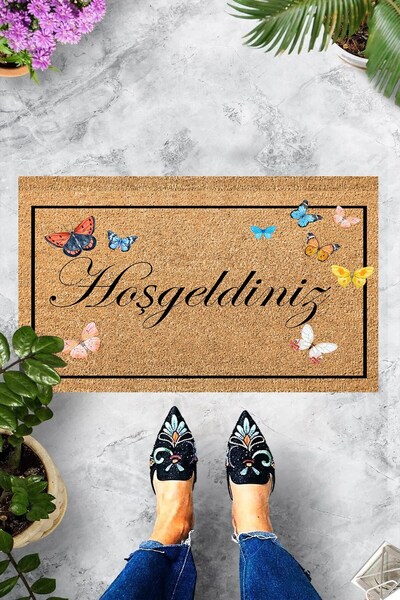 Pelangi Digital Printed Welcome Written Black Framed Butterfly Pattern Decora...