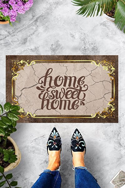 Pelangi Dijital Baskılı Toprak Üzerinde Gold Home Yazılı Dekoratif Kapı Önü P...