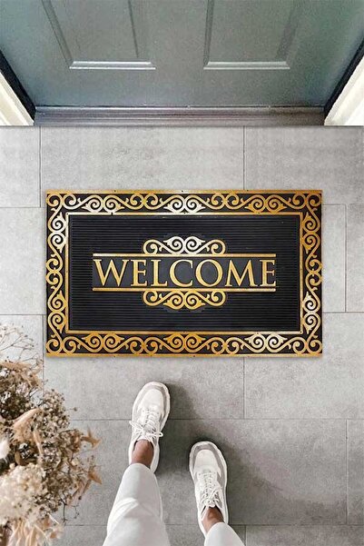 Pelangi Dijital Baskılı Gold Welcome Yazılı Dekoratif Kapı Önü Paspası