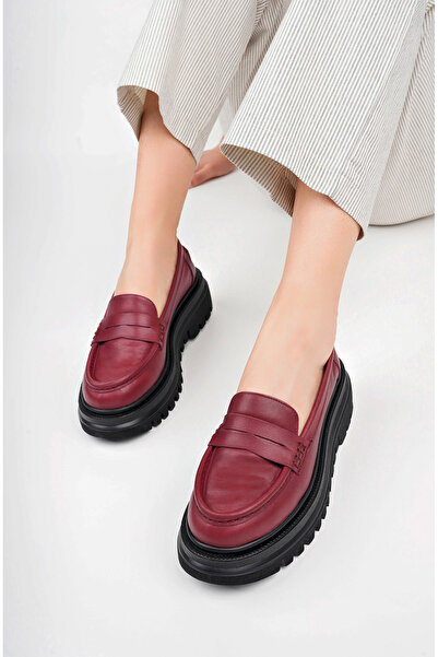 Deripabuc Genuine Leather Claret Red Women's Daily Thick Sole Leather Loafer Shoes Trc-216675