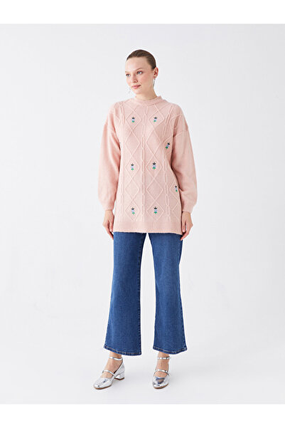 LC Waikiki Crew nyakú, hímzett hosszú ujjú, túlméretezett női kötöttáru tunika