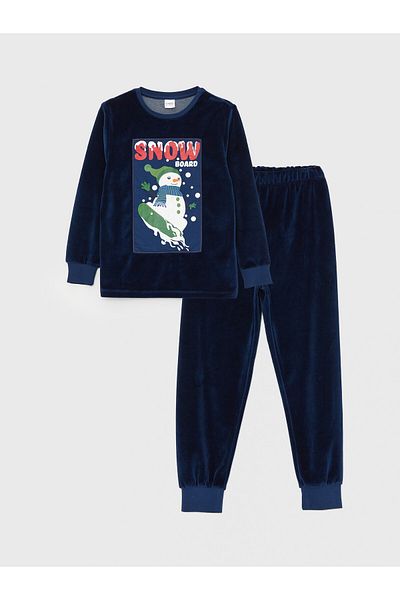 LC Waikiki Crew Neck hímzett hosszú ujjú bársony fiú pizsama szett
