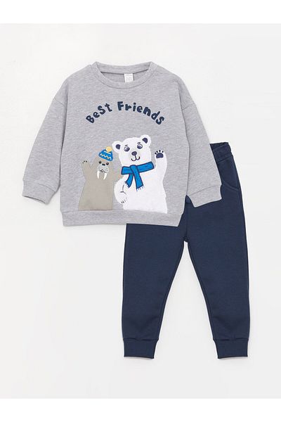 LC Waikiki Crew Neck Long Printed Baby Boy Sweatshirt and Trousers 2-Piece Set