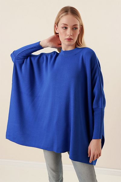 lovebox Side Slit Detail Bat Sleeve Round Collar Oversize Wide Fit Saks Blue Knitwear Sweater 15783