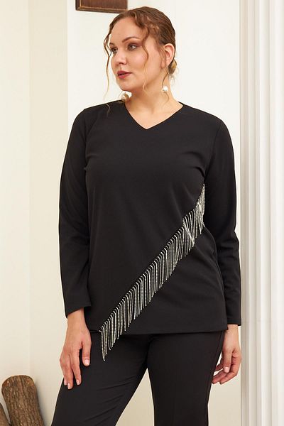 RMG Plus Size Black Blouse with Front Chain Accessory