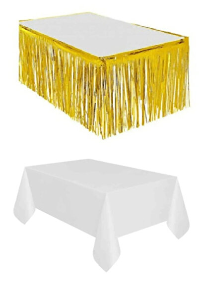 Party Fantasy Plastic White Tablecloth - Gold Metalized Table Skirt with Tassel