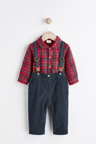 Next Baby 100% Cotton Red Plaid Shirt Pants Bow Tie 3-Piece Top and Bottom Set