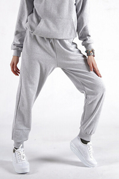NAKRUF Gri Kadın Regular Lastik Paça Basic Eşofman Altı Jogger