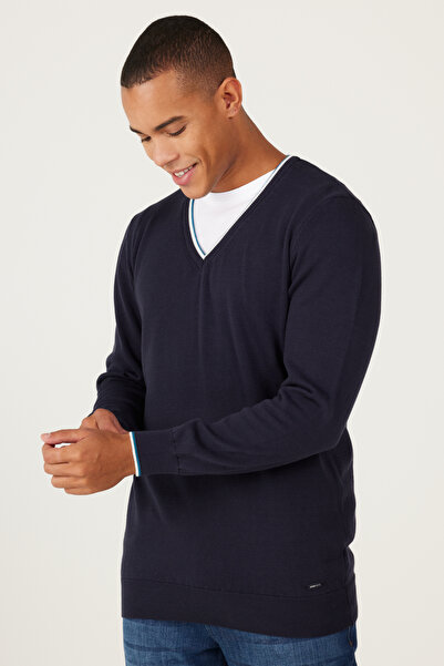 ALTINYILDIZ CLASSICS Herren-Strickpullover in Marineblau-Ecru mit Standard-Passform, normaler Passform, V-Ausschnitt, 100 % Baumwolle