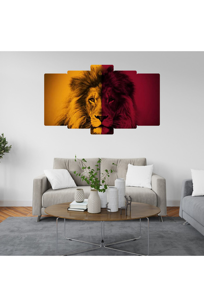 Farklı Hediyelik Sarı Kırmızı Renkli Aslan 5 Parçalı Mdf Tablo