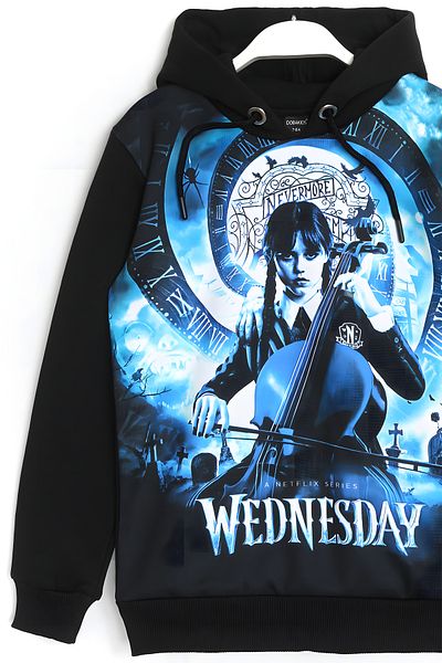 DobaKids Wednesday Addams 3D Printed Girl's Long Sleeve 3 Thread Ribbed Hooded Sweatshirt