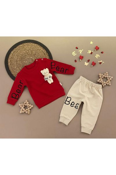 Bebek 2-Piece Tracksuit Set with Teddy Bear Sleeves and Bear Lettering