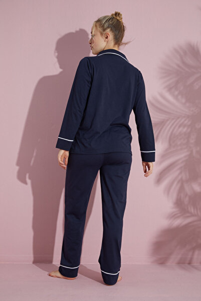 pijamacity Kadın Lacivert Uzun Kollu Pamuklu Düğmeli Biyeli Pijama Takımı