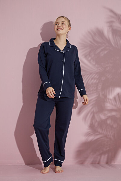 pijamacity Kadın Lacivert Uzun Kollu Pamuklu Düğmeli Biyeli Pijama Takımı